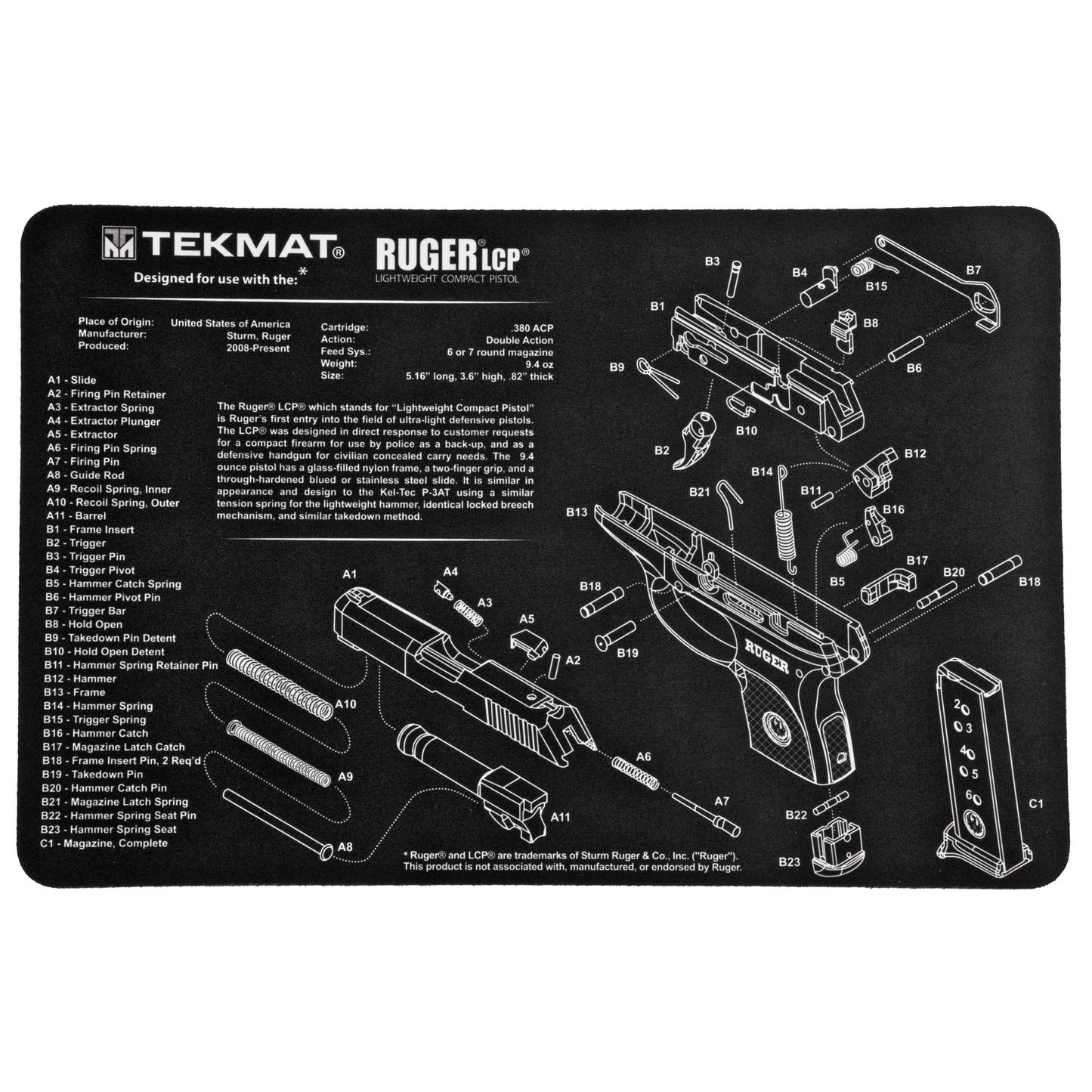 TEKMAT PISTOL MAT RUGER LCP BLK