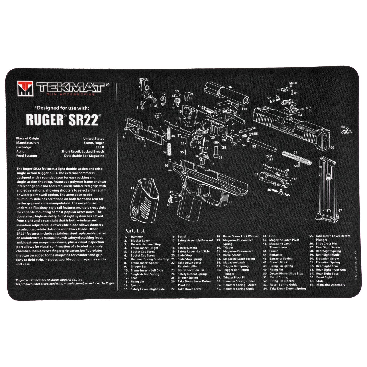 TEKMAT PISTOL MAT RUGER SR22 BLK